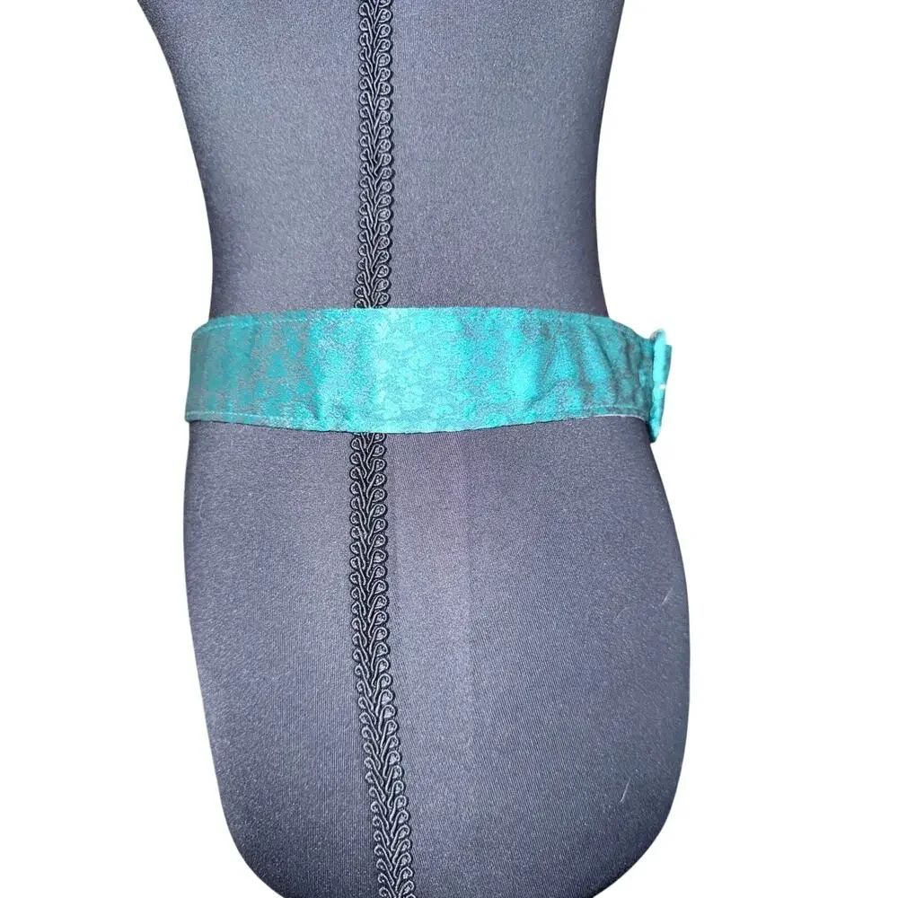 Vintage teal green satin embossed jacquard wide belt women’s 28-32 inches